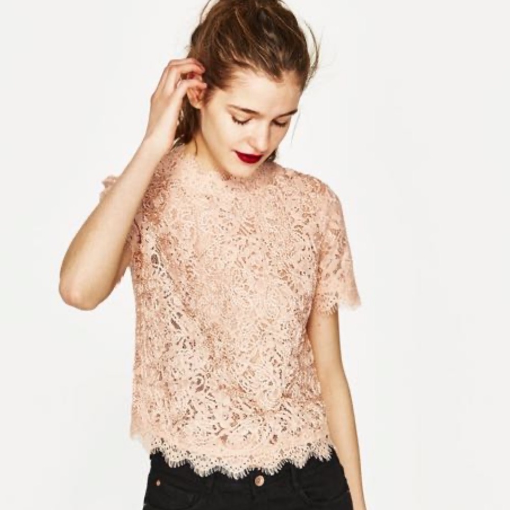 Zara blush pink lace soutache cropped blouse